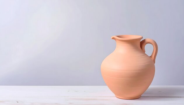Jarra de cer&aacute;mica minimalista en tonos terracota sobre fondo claro con espacio vac&iacute;o