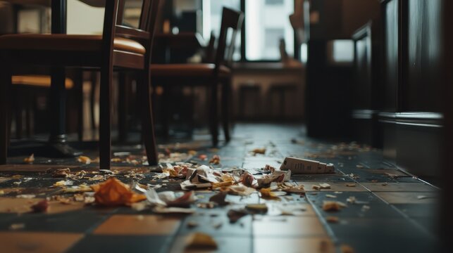 Restaurant floor littered with scattered food waste after closing time, creating a scene of disarray and neglect.