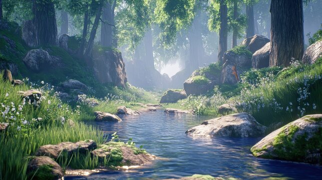 Serene forest stream bathed in dappled sunlight with lush green foliage and mossy rocks