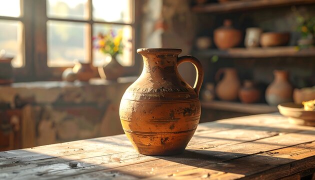Jarra de cer&aacute;mica artesanal sobre mesa r&uacute;stica en un taller tradicional con luz c&aacute;lida