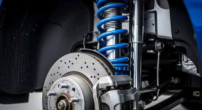High performance car suspension with blue coil springs | Close up of automotive brake system and ventilated disc | Modern sport vehicle suspension upgrade | Professional car maintenance