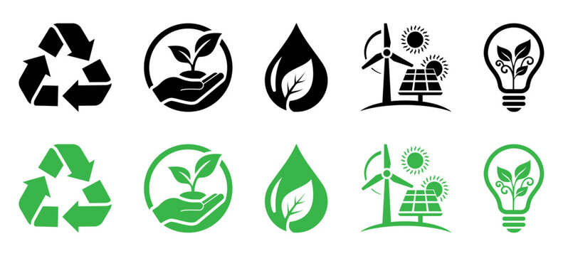Eco sustainability icons set featuring recycle, leaf, water drop, solar, wind, energy, bulb, green, renewable, nature symbols for environmental branding, clean energy apps, web, ui, packaging.