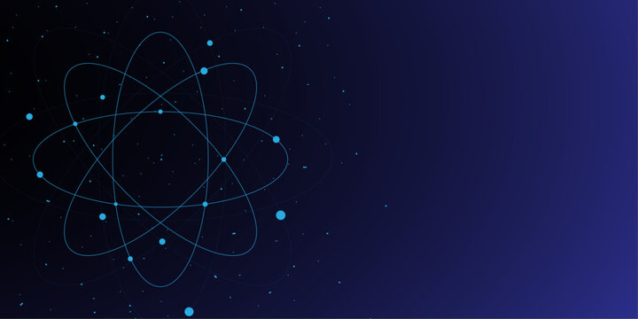 Futuristic atom model vector on dark blue background, glowing science molecule icon with orbital paths, high tech physics and chemistry concept