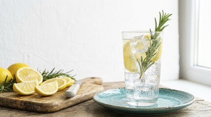 Fototapeta premium Refreshing lemonade with lemon slices and rosemary sprig in a glass