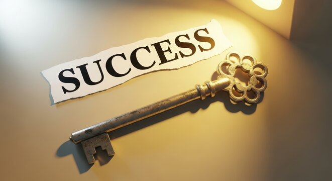 Antique Key Resting on a Torn Strip of Paper with the Word SUCES success vintage