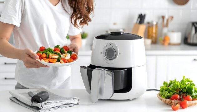 Mujer preparando verduras saludables junto a una freidora de aire en cocina moderna