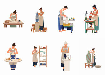 Flat vector illustration set of diverse male and female artisans creating ceramic pottery, sculpting, and painting vases in their studio workshops. © Arto