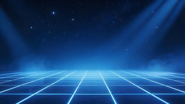 Blue neon grid under starry sky