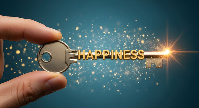 Golden key to happiness held by hand | Symbolic concept of finding joy and contentment | Unlocking emotional well-being and positive mindset | Magic glow and sparks background