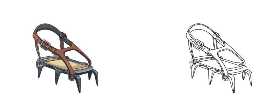 Colored and black outline climbing crampons illustrations in cartoon and line art styles with steel spikes and brown leather straps used for ice traction on white background