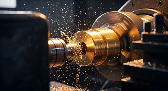 Industrial metal lathe machining brass part | Precision CNC turning process with metal shavings | Close up of mechanical engineering production | Heavy industry manufacturing metalwork factory