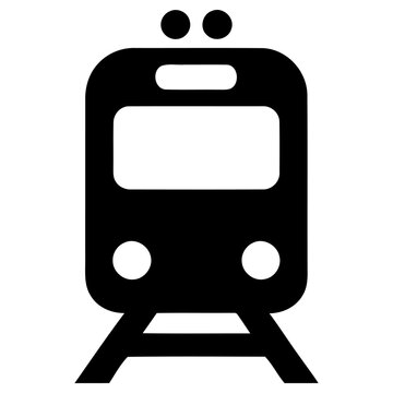 Simple black vector illustration of a modern train or subway car icon viewed from the front, designed for graphic applications and transportation concepts.