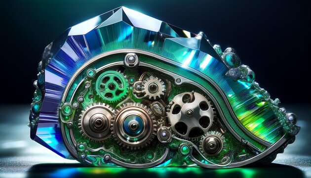 結晶と機械が一体化したハイブリッド構造と虹色の光が放つラグジュアリーな背景