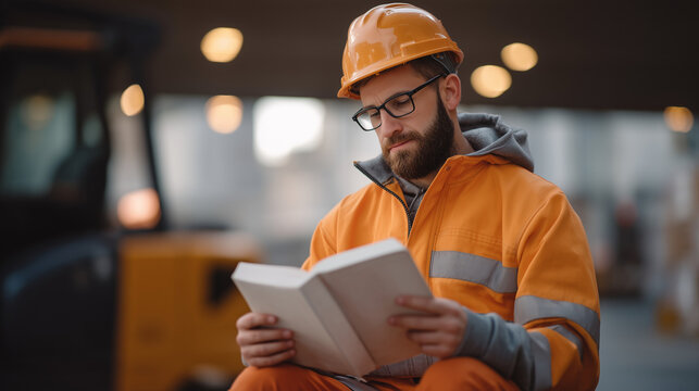 Rain-soaked loading dock where immigrant warehouse worker studies forklift certification manual during break, hard hat beside him, ESL vocational training, workforce integration, adult education acc
