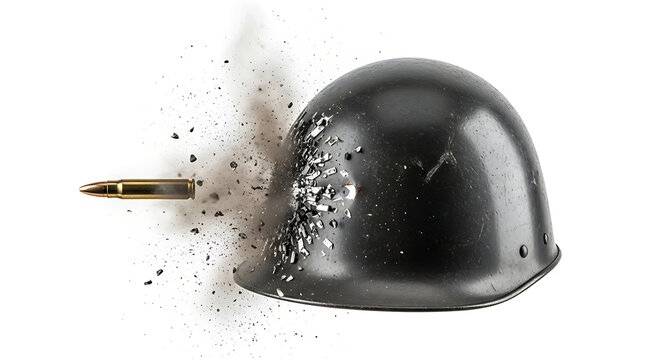 An isolated bullet's devastating impact on a dark combat helmet, shattering materials on white