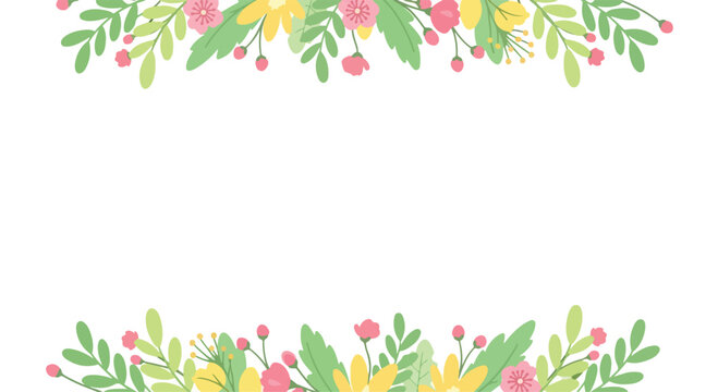 Digital illustration of a colorful floral border with green leaves, pink flowers, and yellow blooms on a white background.