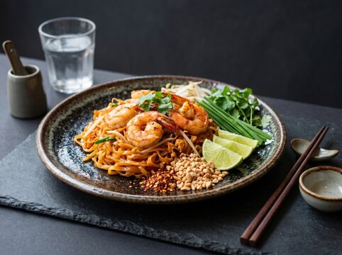 Shrimp pad thai delight modern kitchen food photography cozy atmosphere close-up view