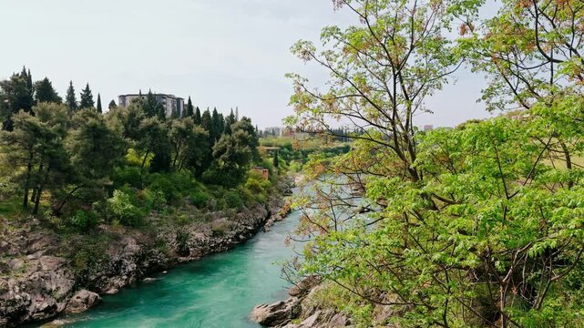 Moraca River in Podgorica with turquoise water and spring nature