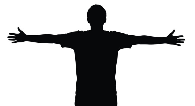 Silhouette vector illustration of a person with open arms in a welcoming gesture on white background