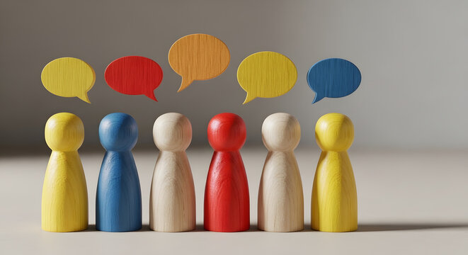 Colorful wooden peg dolls with speech bubbles | Diverse community communication concept | Group discussion and social networking | Teamwork and collective brainstorming symbol