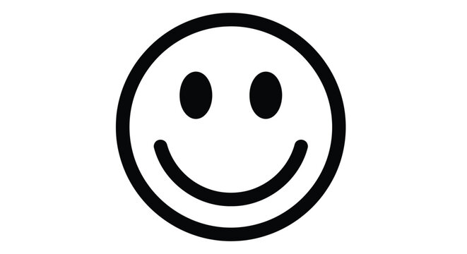 Simple black and white vector illustration of a friendly happy smiley face on white background