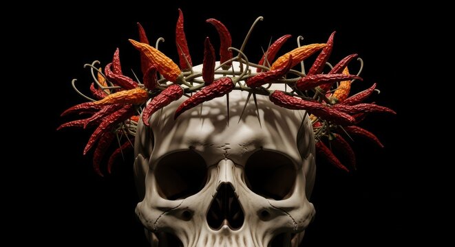 human skull wears crown of thorns and dried chili peppers on black background. dramatic, conceptual image of death and passion. halloween, day of dead.