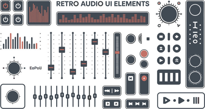 Retro audio interface UI elements and controls vector