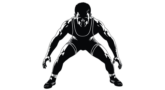 Professional wrestler crouching in a low fighting stance for this vector illustration on white background