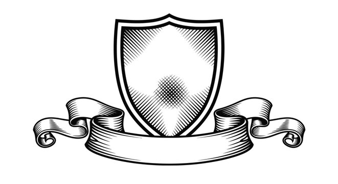 Elegant vintage shield emblem with blank ribbon banner in a professional vector on white background