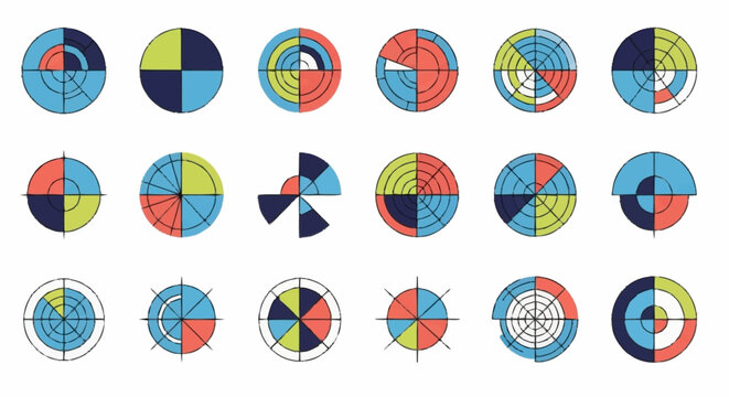 Colorful pie charts in circles.