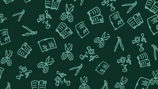 Seamless looping education doodle pattern with books, scissors, music notes, and school tools on dark background. Creative academic motion graphic animation.