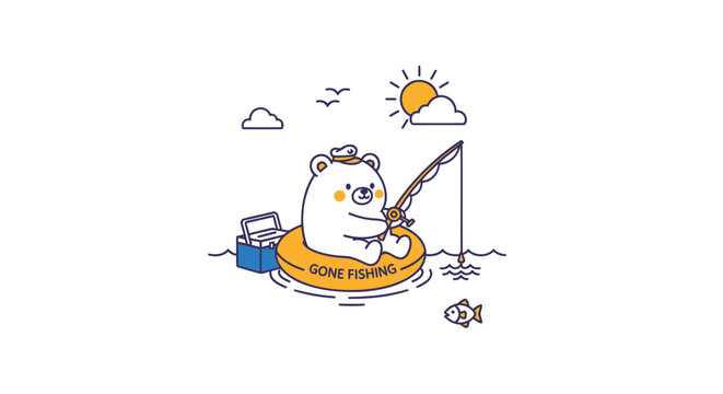 Cartoon bear fishing, inflatable raft, summer fun, outdoor adventure, illustration
