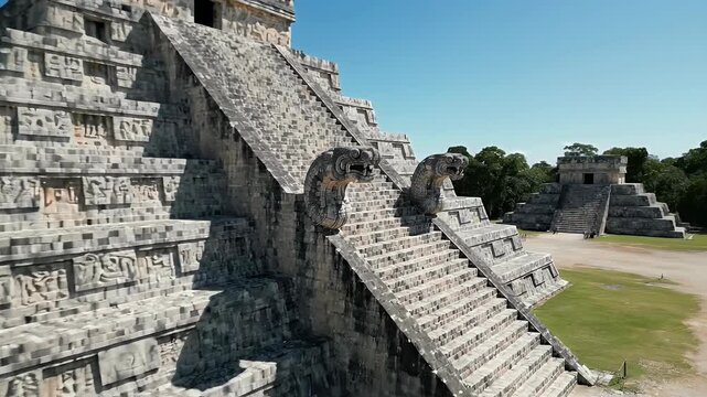 The majestic pyramid of Chichen Itza rises against a clear blue sky, showcasing ancient Mayan architecture.