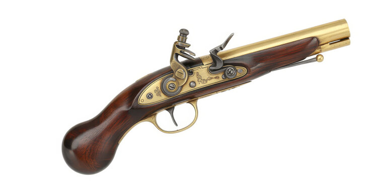 Classic flintlock handgun with wooden handle and brass barrel isolated on white background