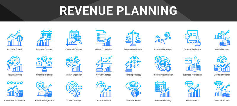 REVENUE PLANNING  Icon set collection. Vector icon pack featuring thematic icons for your presentations or business.