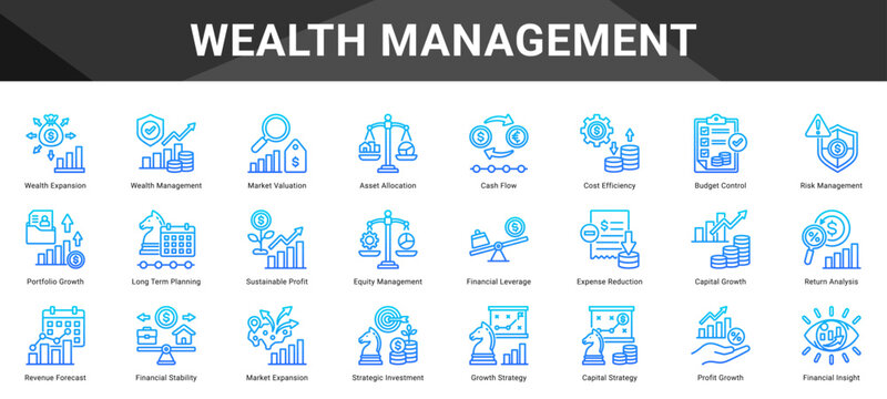 WEALTH MANAGEMENT  Icon set collection. Vector icon pack featuring thematic icons for your presentations or business.