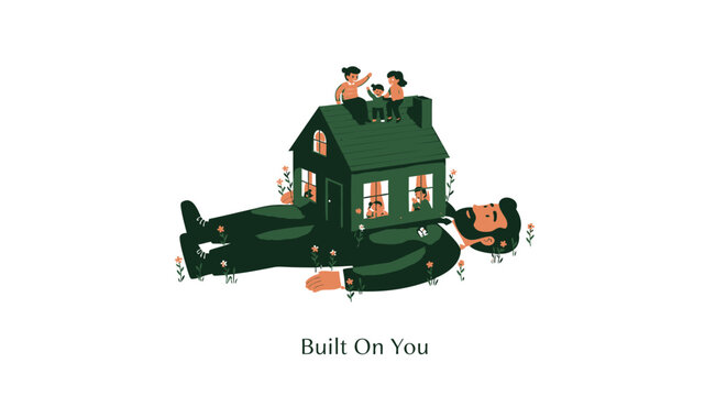 Vector house, built on people, teamwork concept, business partnership, green illustration