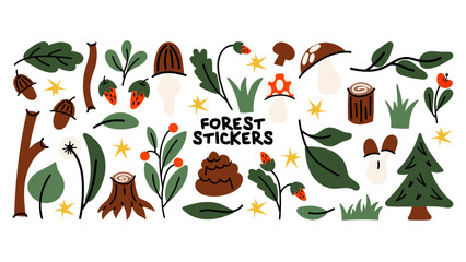 Forest sticker set with plants, mushrooms and trees in cute retro cartoon style. Woodland nature collection for scrapbooking, kids design and eco branding © cutemole