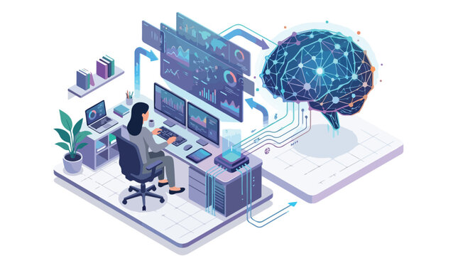 Artificial Intelligence Collaboration Concept with a Human Working on Data Analysis and a Futuristic Brain Network Connecting to Technology