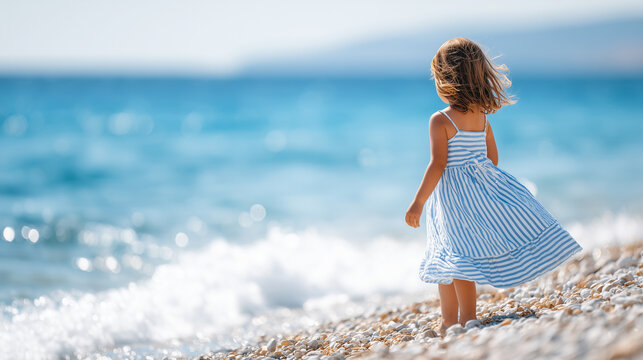 Little girl in a blue striped dress standing on a sunny pebble beach by the sea with waves and wind in her hair.