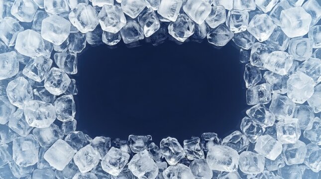 Ice cubes arranged in a rectangular frame on a dark background for summer refreshment themes