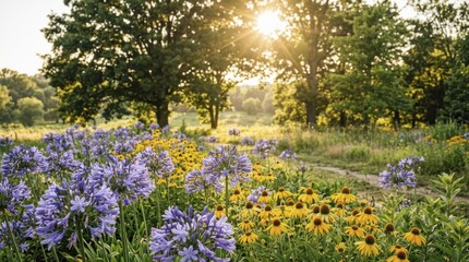 Obraz premium Summer meadow landscape with blooming purple and yellow wildflowers at sunset