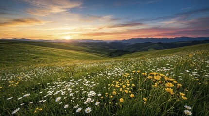 Fototapeta premium Wildflower meadow on rolling hills during a golden summer sunset