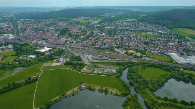 An panoramic aerial view from the old town city Lichtenfels in Germany on a sunny spring noon.