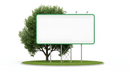 Obraz premium Large empty billboard frame standing near green tree on grass platform.