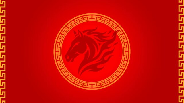 4K Looping Stallion Mascot Animation with Flame Mane and Ancient Greek Border on Red Flag Background