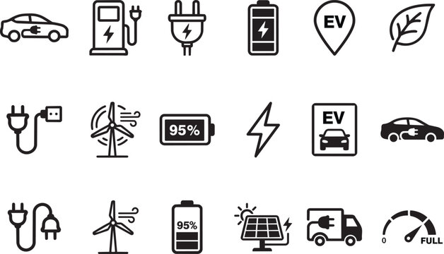 Electric vehicle and sustainable energy icon set