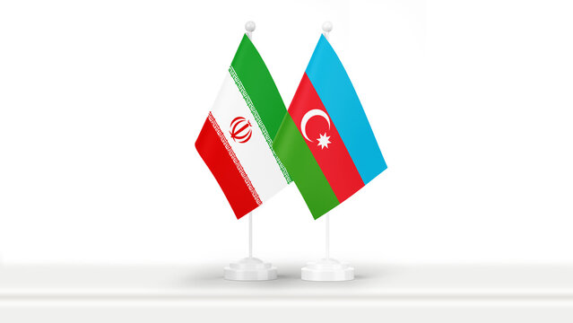 State flags of Azerbaijan and Iran, isolated on white background. Concept of official meetings, events and summits on government level.