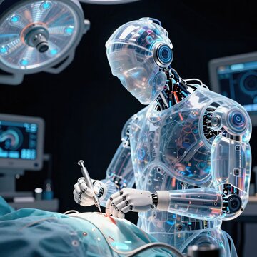 Hologram style transparent ai powered robot surgeon performing delicate operation symbolizing precision ai medicine