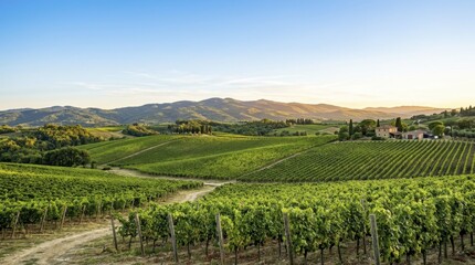 Fototapeta premium Vineyard landscape with green rows of grapevines in the rolling hills during summer